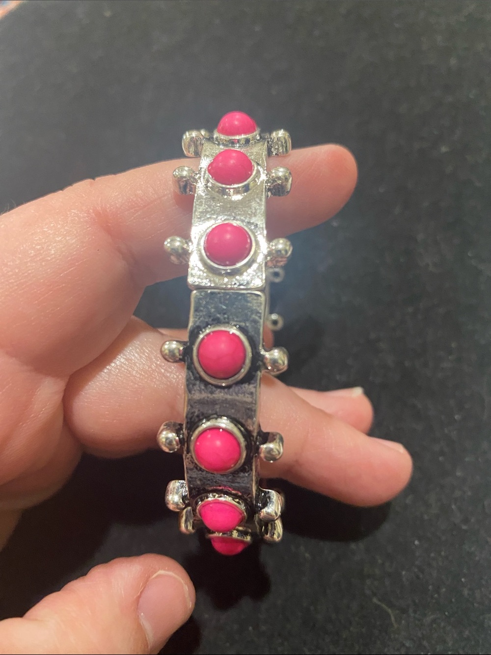 Silver-Tone Bracelet with Bright Pink Cabochons